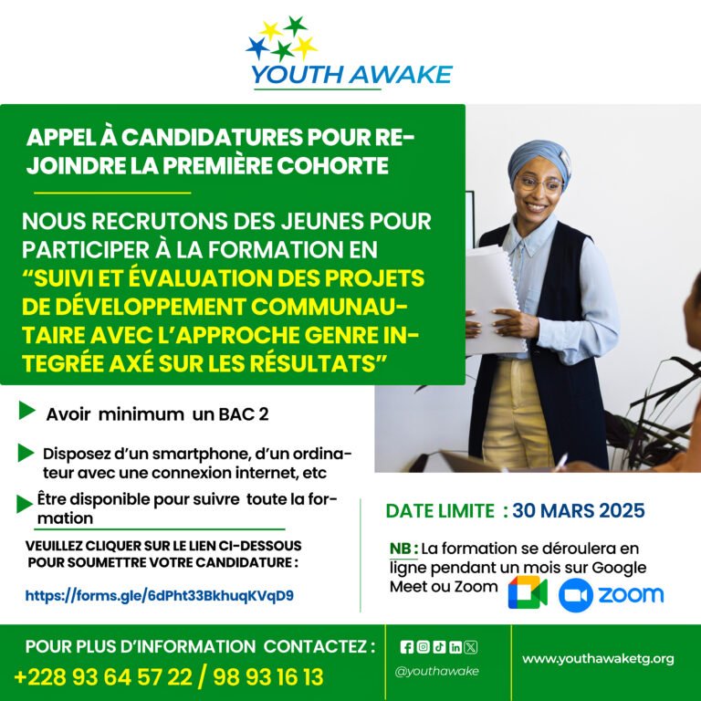 Première cohorte de Recrutement des jeunes pour  la formation en suivi et évaluation des projets de développement communautaire avec l’approche genre  intégrée  axé sur les résultats 